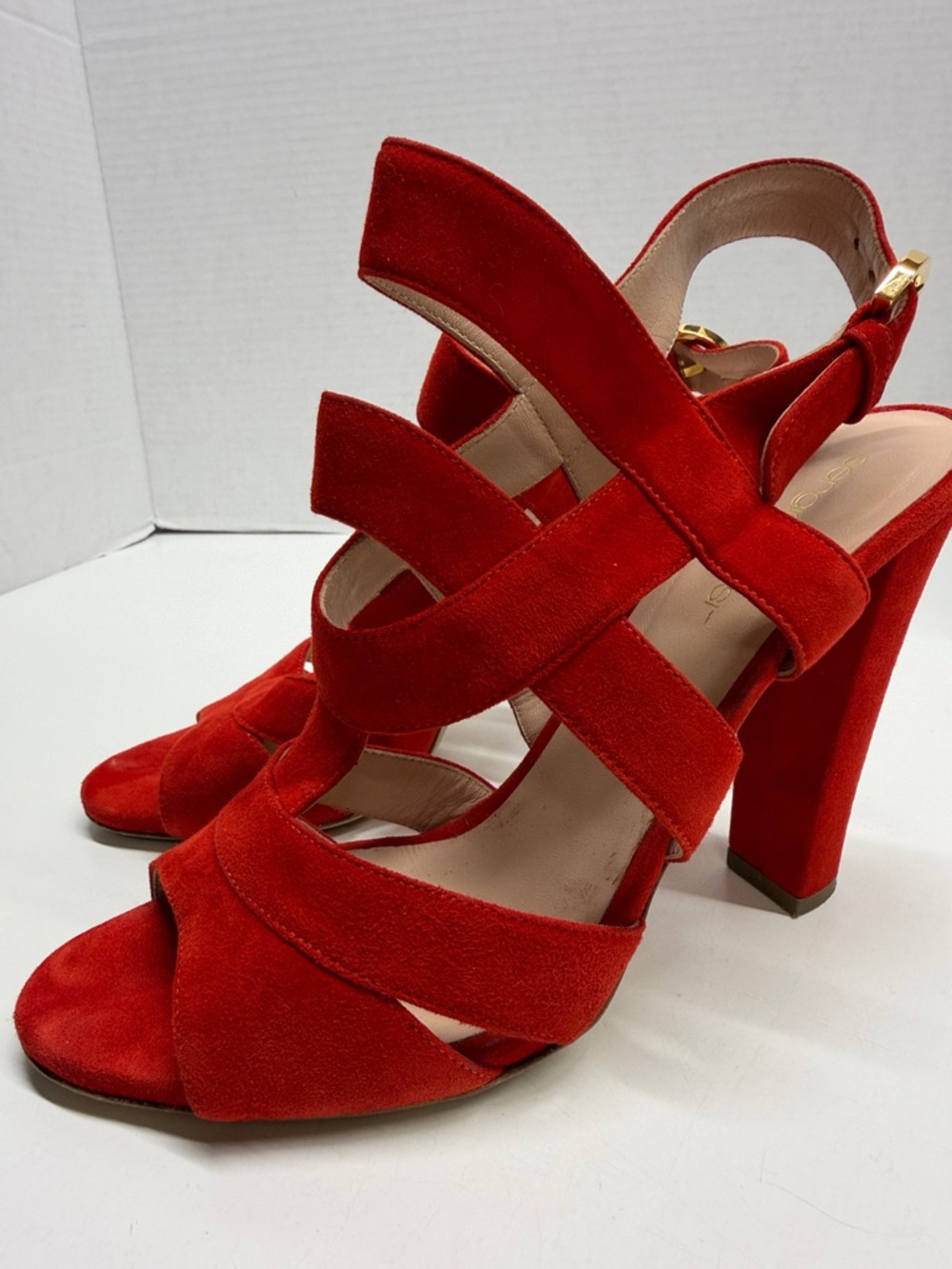 Sergio Rossi Heels High Heeled Shoes Suede Strappy Open Toe Adjustable Red 9.5 - Picture 4 of 8